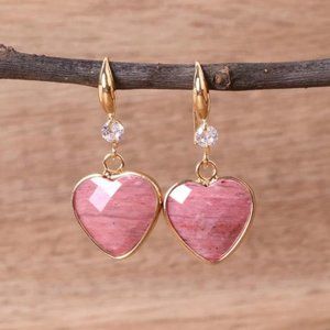 Women Heart Shape Earrings Natural Rhodochrosite Dangle Charming Reiki Earrings
